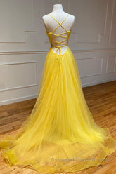 Yellow v neck tulle long Semi Formal Prom Dresses yellow formal Dresses